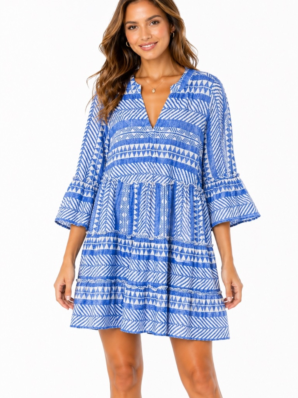 Mud Pie Size Medium Blue and White Geometric Long Sleeve Dress